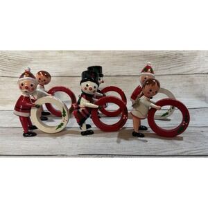 6 Vintage Vera Neumann Christmas Wood Napkin Ring Santa Snowman Angel Taiwan T11